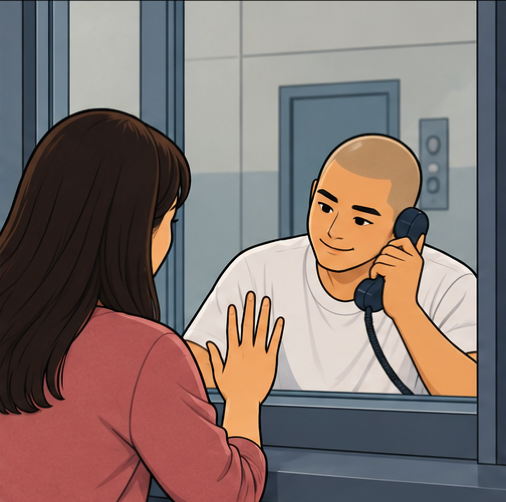 A woman talks through glass to a man holding a phone in a visitation room.